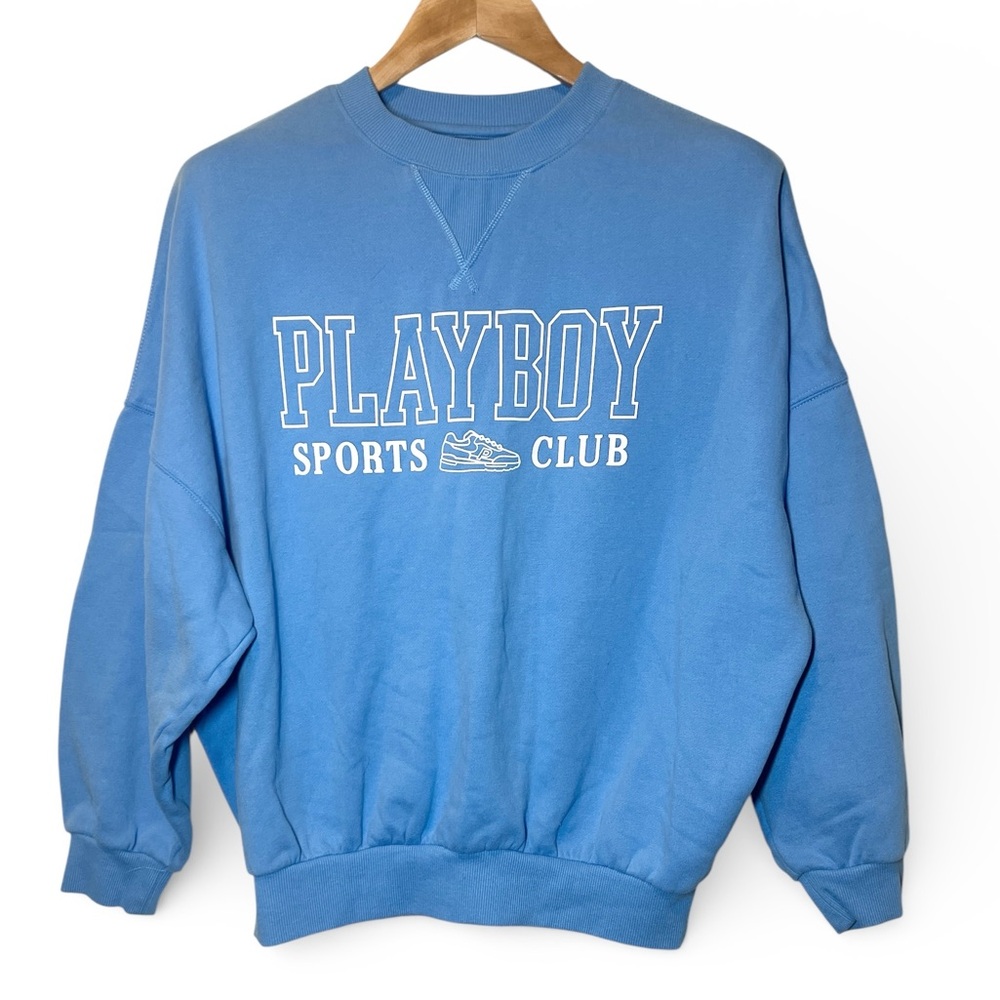 PLAYBOY Men's Crewneck Sweater in Blue Sports Club XS Y2K Oversized   Athleisure